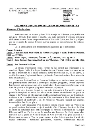 Première page de Français 1ère A1, 1ère A2, 1ère B, 1ère C, 1ère D — 2e devoir surveillé, 2e semestre (2020-2021) · CEG Kouhounou-Vêdoko