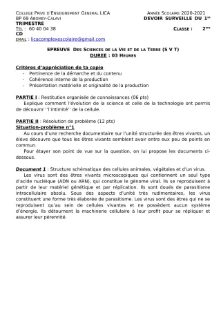 Première page de SVT 2nde C, 2nde D — 1er devoir surveillé, 1er trimestre (2020-2021) · CPEG LICA