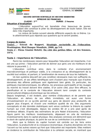 Première page de Français 2nde A2, 2nde D — 2e devoir surveillé, 2e semestre (2023-2024) · CEG SEKERE