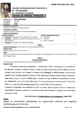 Première page de Philosophie 2nde A2, 2nde C, 2nde D, 1ère A1, 1ère A2, 1ère C, 1ère D — 3e devoir surveillé, 1er trimestre (2021-2022) · CCJPII DJOUGOU