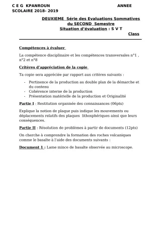 Première page de SVT 4e — 2e évaluation sommative, 2e semestre (2018-2019) · CEG Kpanroun