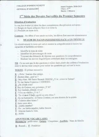 Première page de Espagnol 4e ML — 1er devoir surveillé, 1er semestre (2018-2019) · CEG ADJAGBO