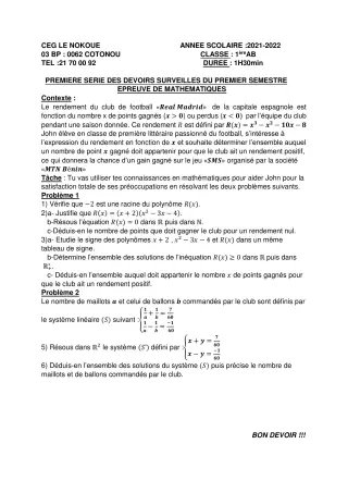 Première page de Mathématiques 1ère A2, 1ère B — 1er devoir surveillé, 1er semestre (2021-2022) · CEG LE NOKOUE