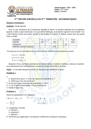Première page de Mathématiques 2nde C, 2nde D — 2e devoir surveillé, 2e trimestre (2019-2020) · CPEG LE PHARAON