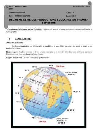 Première page de Histoire-Géographie 6e — 2e production scolaire, 1er semestre (2019-2020) · Ceg OUESSE