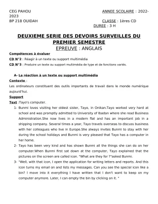Première page de Anglais 1ère C, 1ère D — 2e devoir surveillé, 1er semestre (2022-2023) · CEG PAHOU