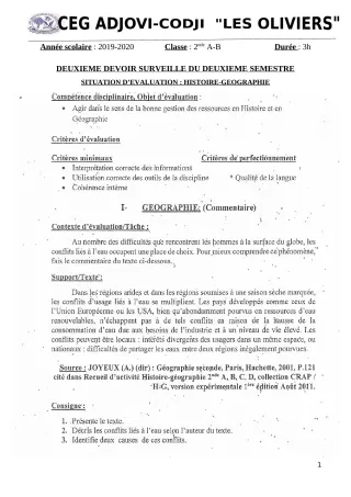 Première page de Histoire-Géographie 2nde B — 2e devoir surveillé, 2e semestre (2019-2020) · CEG ADJOVICODJI 'LES OLIVIERS'