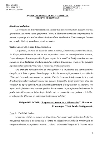Première page de Français 2nde A, 2nde A1, 2nde A2, 2nde C, 2nde D — 2e devoir surveillé, 1er semestre (2019-2020) · CEG Yagbe