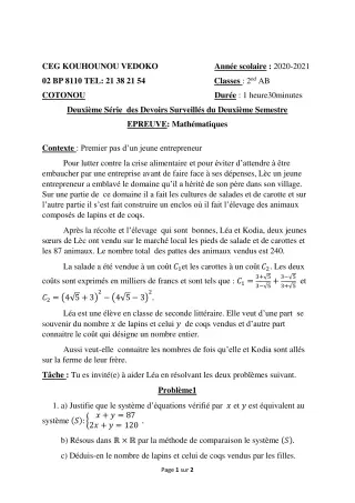 Première page de Mathématiques 2nde A & B — 2e devoir surveillé, 2e semestre (2020-2021) · CEG Kouhounou-Vêdoko