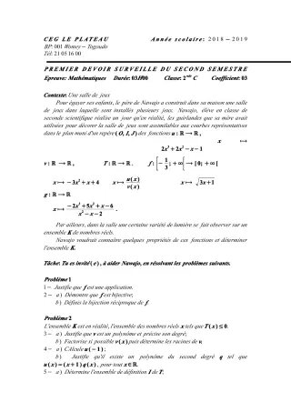 Première page de Mathématiques 2nde C — 1er devoir surveillé, 2e semestre (2018-2019) · CEG Le Plateau