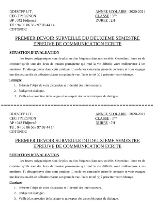 Première page de Français 3e, 3e ML — 1er devoir surveillé, 2e semestre (2020-2021) · CEG FIYEGNON