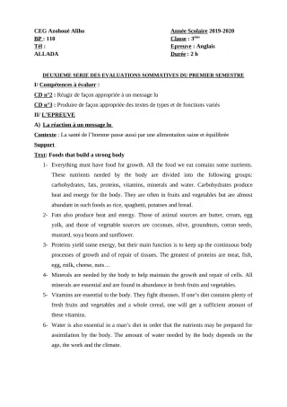 Première page de Anglais 6e, 4e ML&MC, 3e, 3e ML — 2e évaluation sommative, 1er semestre (2019-2020) · CEG AZOHOUE-ALIHO