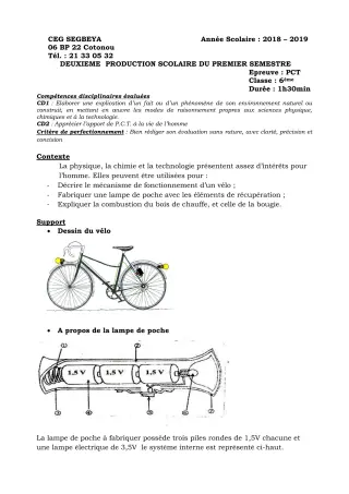 Première page de PCT 6e, 5e, 4e, 3e, 2nde C, 2nde D, 1ère C, 1ère D, Tle C, Tle D — 2e production scolaire, 1er semestre (2018-2019) · CEG SEGBEYA