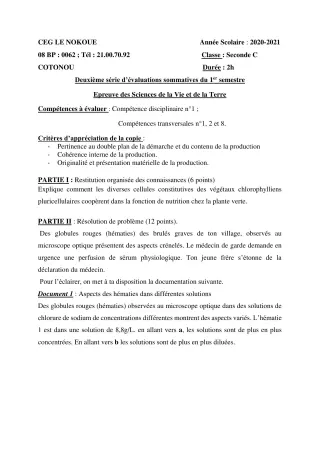 Première page de SVT 2nde C — Évaluation sommative, 1er semestre (2020-2021) · CEG LE NOKOUE