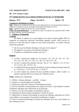 Première page de PCT 2nde D — Évaluation sommative, 1er semestre (2019-2020) · CEG Ahossougbéta