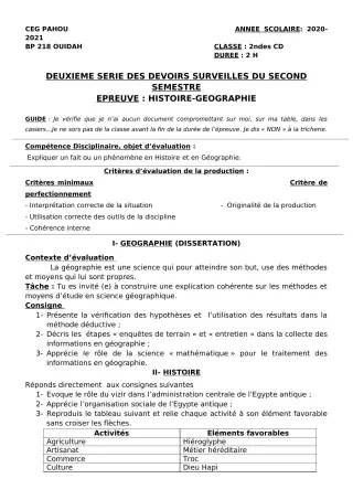 Première page de Histoire-Géographie 2nde C, 2nde D — 2e devoir surveillé, 2e semestre (2020-2021) · CEG PAHOU