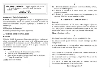 Première page de PCT 5e — 1er devoir surveillé, 1er semestre (2019-2020) · CEG BAKA