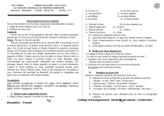Première page de Espagnol 4e ML, 3e ML, 2nde A, 1ère A2, Tle A2 — 1er devoir surveillé, 1er semestre (2018-2019) · CEG GAMIA
