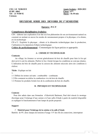 Première page de PCT 6e — 2e devoir surveillé, 1er semestre (2020-2021) · CEG LE NOKOUE