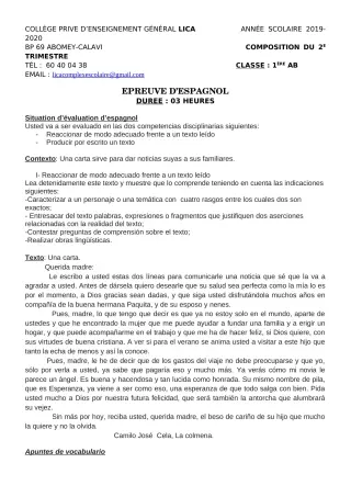 Première page de Espagnol 1ère A2, 1ère B — Composition, 1er trimestre (2019-2020) · CPEG LICA