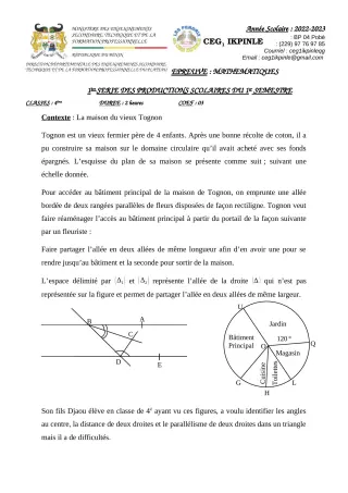 Première page de Mathématiques 4e — 1re production scolaire, 1er semestre (2022-2023) · CEG1 Ikpinlè