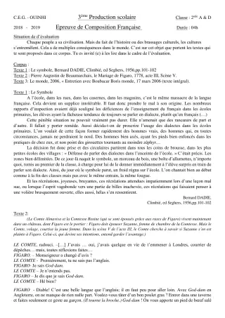 Première page de Français 2nde A, 2nde D — 3e production scolaire (2018-2019) · CEG Ouinhi