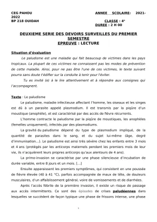 Première page de Français 4e — 2e devoir surveillé, 1er semestre (2021-2022) · CEG PAHOU