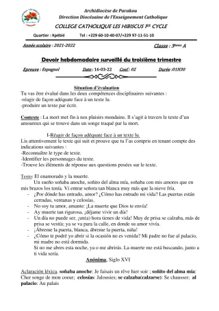Première page de Espagnol 3e — Devoir surveillé, 3e trimestre (2021-2022) · Hibiscus 1er cycle