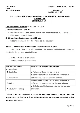 Première page de SVT 6e — 2e devoir surveillé, 1er semestre (2020-2021) · CEG PAHOU