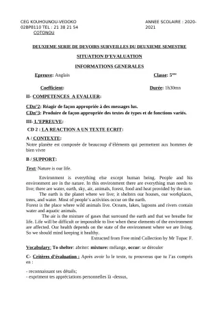 Première page de Anglais 5e — 2e devoir surveillé, 2e semestre (2020-2021) · CEG Kouhounou-Vêdoko