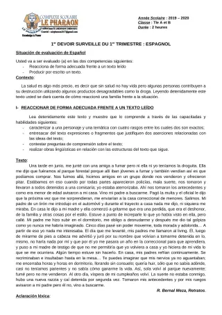 Première page de Espagnol Tle A, Tle B — 1er devoir surveillé, 1er trimestre (2019-2020) · CPEG LE PHARAON