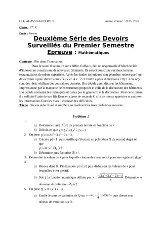 Première page de Mathématiques 2nde C — 2e devoir surveillé, 1er semestre (2019-2020) · CEG Agassa Godomey