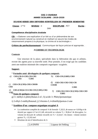 Première page de PCT 1ère D — 2e devoir surveillé, 1er semestre (2019-2020) · CEG3 OUIDAH