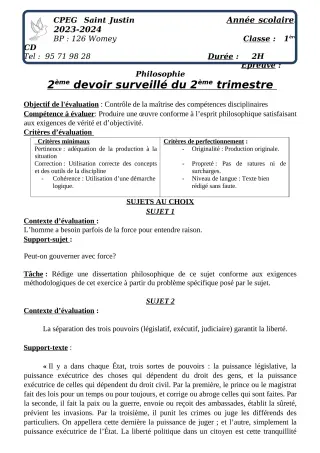 Première page de Philosophie 1ère A2, 1ère B, 1ère C, 1ère D — 2e devoir surveillé, 2e trimestre (2023-2024) · CPEG SAINT Justin