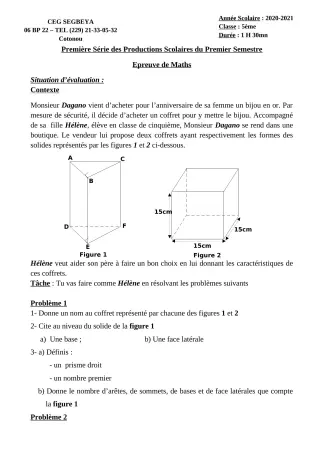 Première page de Mathématiques 5e — 1re production scolaire, 1er semestre (2020-2021) · CEG SEGBEYA