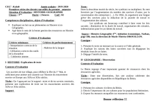 Première page de Histoire-Géographie 3e, 3e ML — Devoir surveillé, 1er semestre (2019-2020) · CEG1 Kalalé