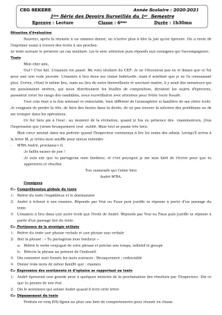 Première page de Français 6e — 1er devoir surveillé, 1er semestre (2020-2021) · CEG SEKERE