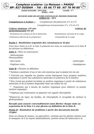 Première page de SVT 5e — 2e devoir surveillé, 1er trimestre (2019-2020) · CPEG La Moisson
