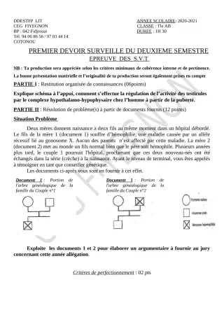 Première page de SVT Tle A1, Tle A2, Tle B — 1er devoir surveillé, 2e semestre (2020-2021) · CEG FIYEGNON