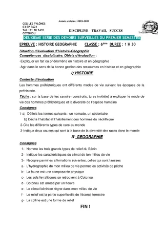 Première page de Histoire-Géographie 6e, 5e, 4e, 4e ML, 3e, 3e ML, 2nde A & B, 2nde C, 2nde D, 1ère A2, 1ère B, 1ère C, 1ère D, Tle A2, Tle B, Tle C, Tle D — 2e devoir surveillé, 1er semestre (2018-2019) · CEG Les Pyl