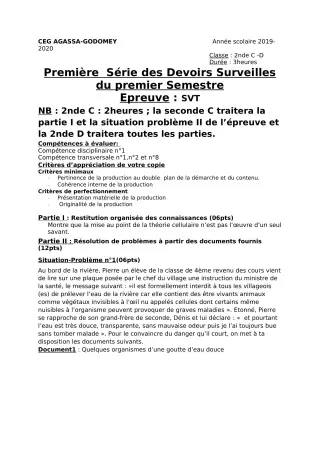 Première page de SVT 2nde C, 2nde D — 1er devoir surveillé, 1er semestre (2019-2020) · CEG Agassa Godomey