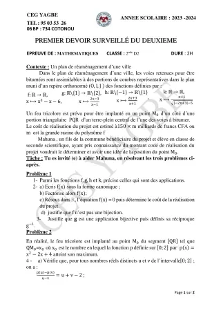 Première page de Mathématiques 2nde D — 1er devoir surveillé (2023-2024) · CEG Yagbe