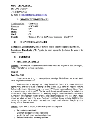 Première page de Anglais 3e, 3e ML — 1er devoir surveillé, 1er semestre (2019-2020) · CEG Le Plateau