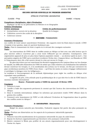 Première page de Histoire-Géographie Tle A2 — 2e devoir surveillé, 1er semestre (2021-2022) · CEG SEKERE