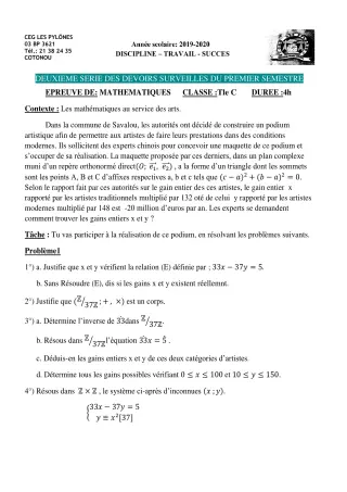 Première page de Mathématiques 4e, 4e ML, 3e ML, 2nde A & B, 2nde A1, 2nde A2, 2nde B, 2nde C, 2nde D, 1ère A1, 1ère A2, 1ère B, 1ère C, 1ère D, Tle A1, Tle A2, Tle B, Tle C, Tle D — 2e devoir surveillé, 1er semestre