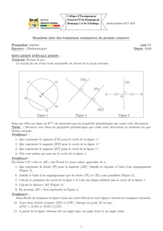 Première page de Mathématiques 6e — 2e évaluation sommative, 1er semestre (2017-2018) · CEG C.P de Dompago