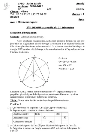 Première page de Mathématiques 4e, 4e ML — 2e devoir surveillé, 1er trimestre (2020-2021) · CPEG SAINT Justin