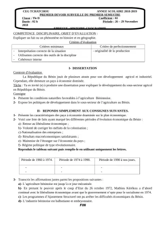 Première page de Histoire-Géographie Tle D — 1er devoir surveillé, 1er semestre (2018-2019) · CEG Tchatchou