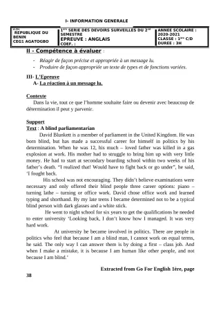 Première page de Anglais 1ère C, 1ère D — 1er devoir surveillé, 2e semestre (2020-2021) · CEG 1 Agatogbo
