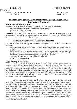 Première page de Espagnol 1ère A2, 1ère B — 1re évaluation sommative, 1er semestre (2020-2021) · CEG du Lac
